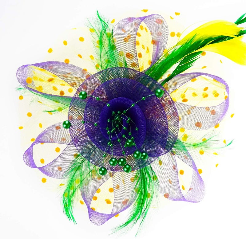 DRESHOW قبعة زينة مزينة بالزهور والشبك والأشرطة والريش على رباط رأس ومشبك، ملابس حفلات الشاي للفتيات والنساء - Image 2